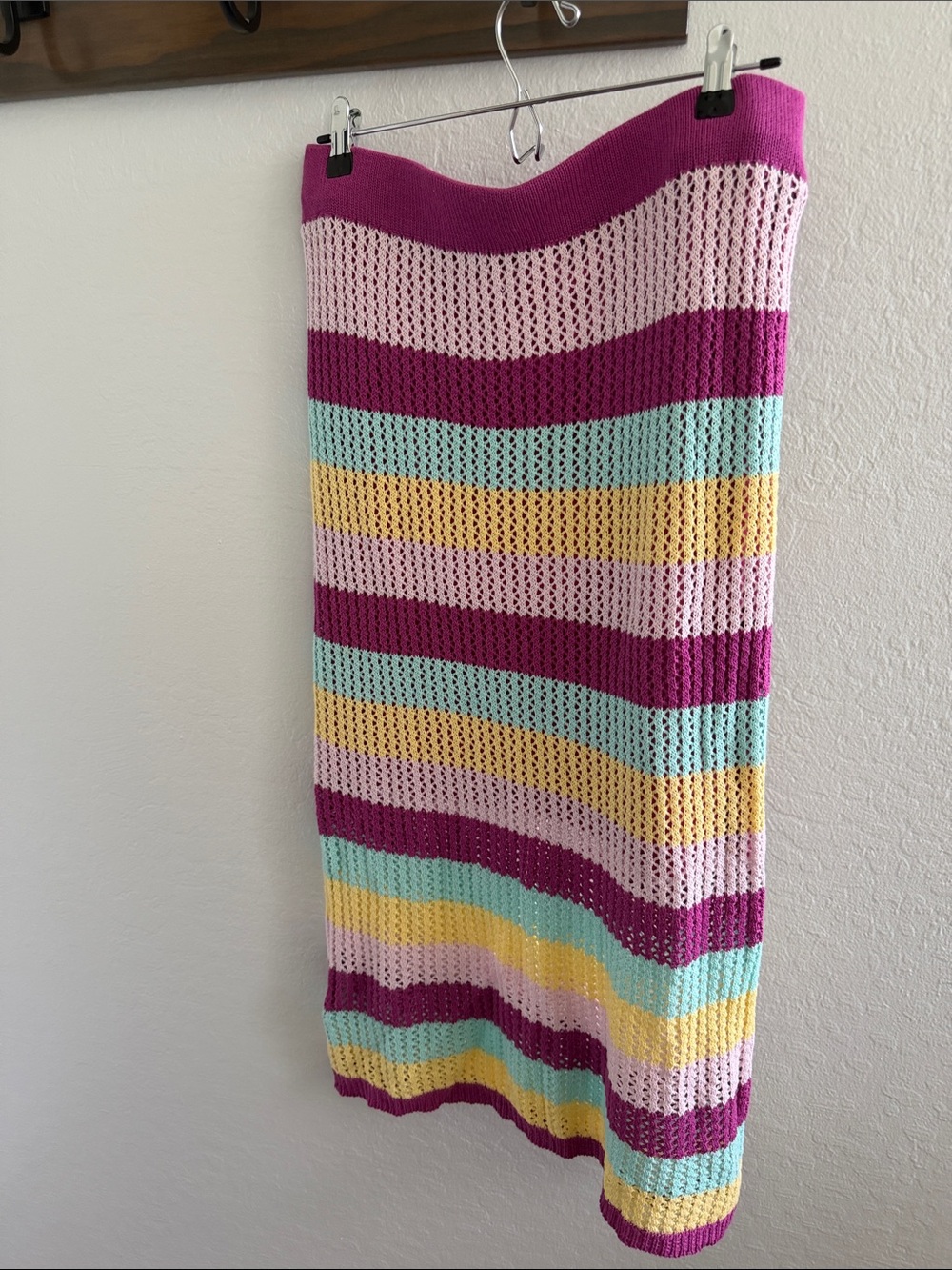 BCBGeneration Crochet Stripe Midi Skirt in Magenta, Pink, Mint & Yellow